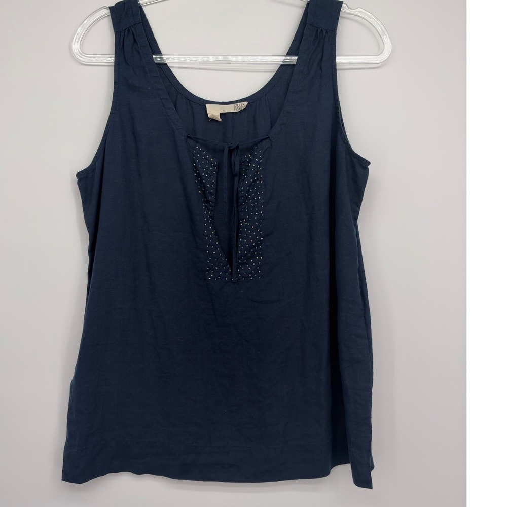 Eileen‎ Fisher Irish Linen Beaded Tank Top Women's Medium Navy Sleeveless